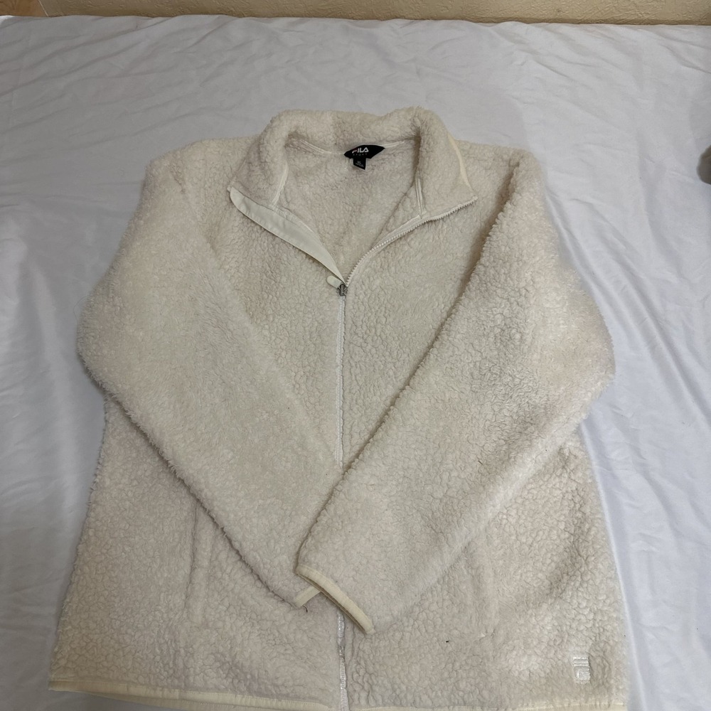 Fila Sport Jacket Women's Large White Sherpa Full Zip Sweater High Neck Pockets